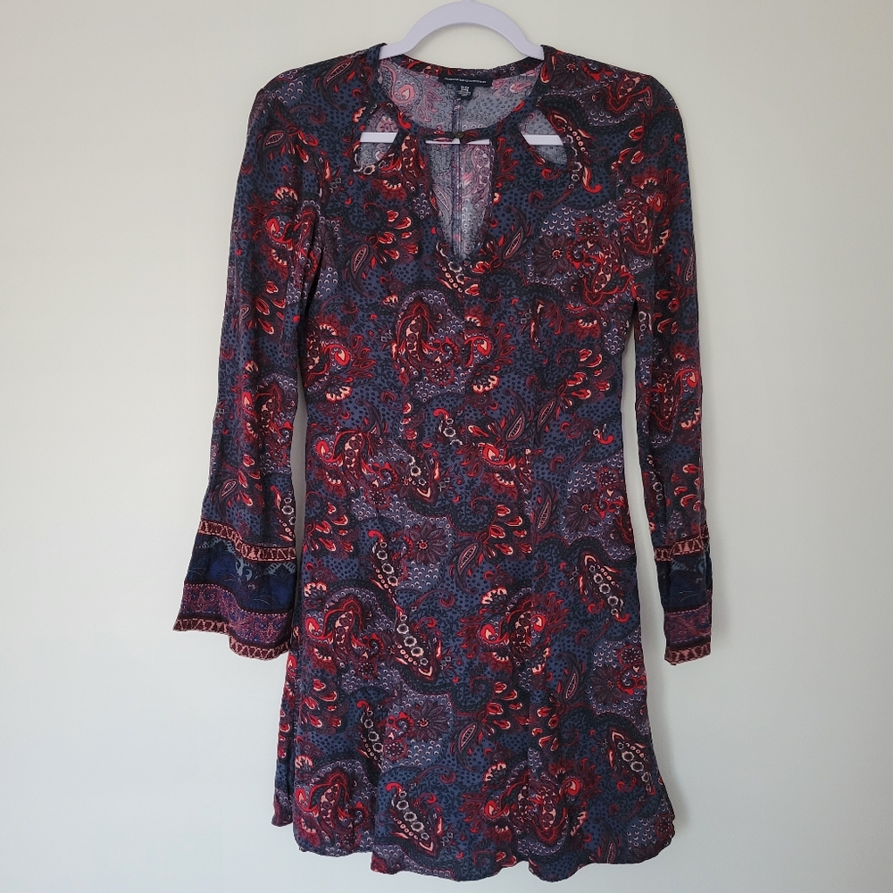 American Eagle Paisley Boho Little Bell Sleeve Red Blue Mini Dress XS